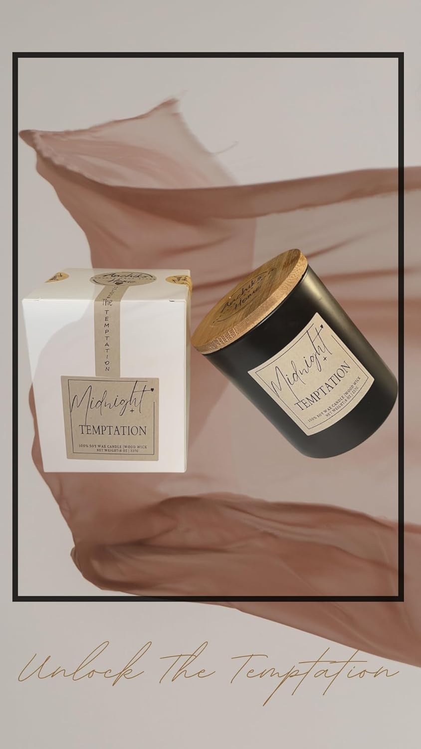 Midnight Temptation Fall Candle – Luxury 100% Soy Wax, Wood Wick, Black Jar, 8 oz – Rich Woody Tobacco, Caramel & Chanel-Inspired Scent – Strongly Scented Candle for Home, Office & Gifts