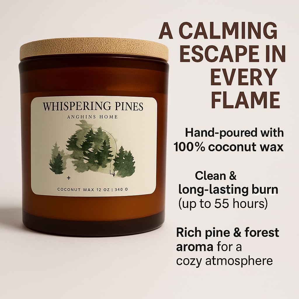 Whispering Pines Luxury Candle – Fraser Fir Scent, Coconut Apricot Wax, Wood Wick Crackle, 12 oz Gift Candle for Cozy Fall & Winter Home Decor, Scented Candle