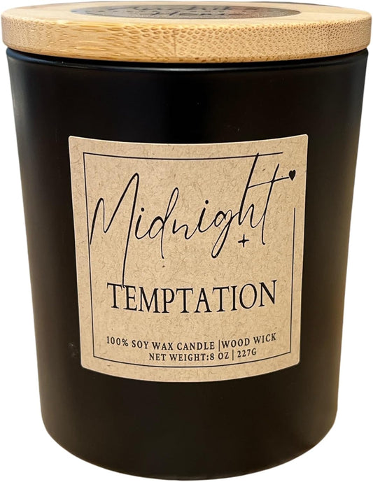 Midnight Temptation Fall Candle – Luxury 100% Soy Wax, Wood Wick, Black Jar, 8 oz – Rich Woody Tobacco, Caramel & Chanel-Inspired Scent – Strongly Scented Candle for Home, Office & Gifts