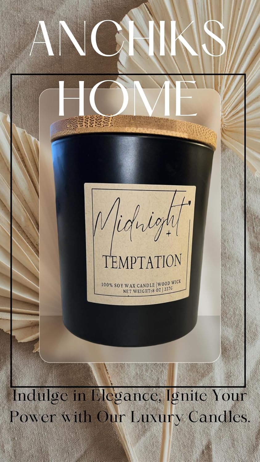 Midnight Temptation Fall Candle – Luxury 100% Soy Wax, Wood Wick, Black Jar, 8 oz – Rich Woody Tobacco, Caramel & Chanel-Inspired Scent – Strongly Scented Candle for Home, Office & Gifts