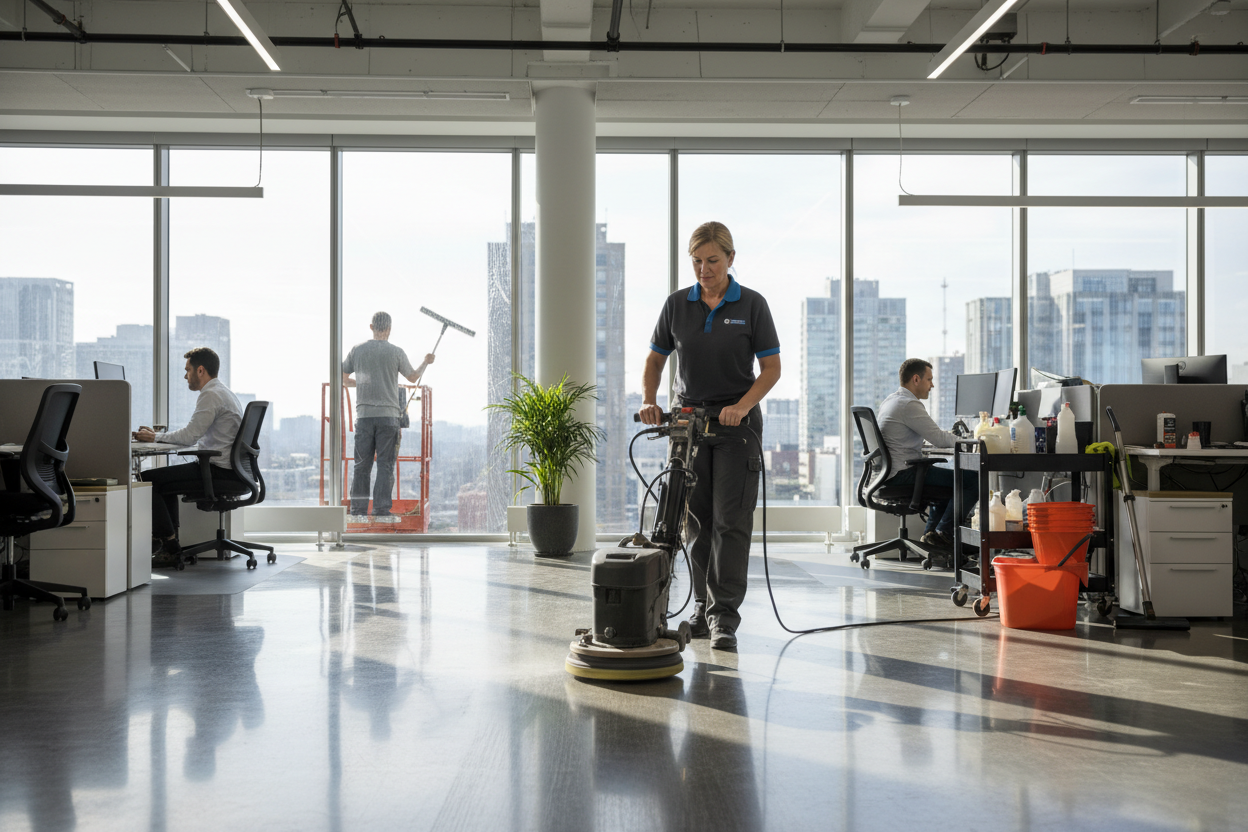 Realistic commercial cleaning professional at work